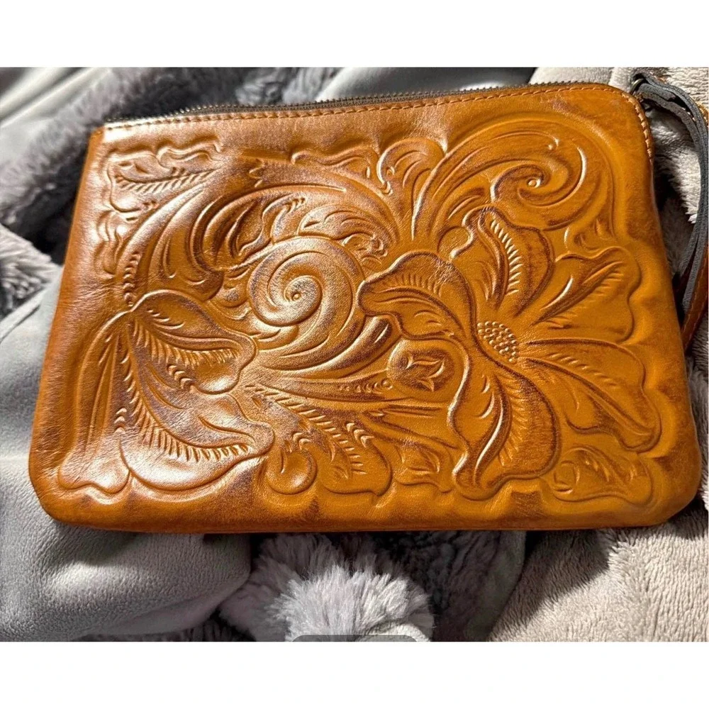 Patricia Nash leather zip wristlet pouch warm cognac tan embossed floral purse